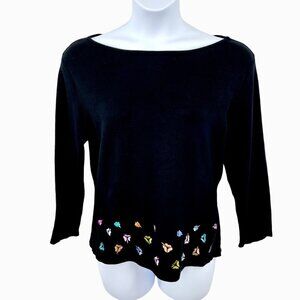 NICOLE STUDIO BLACK SILK BLEND SWEATER W/ EMBROIDERED FLOWERS - 12